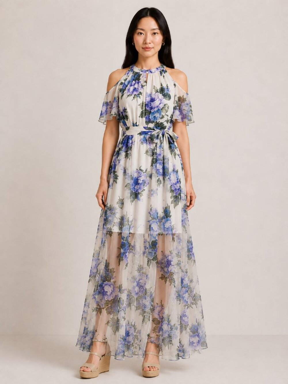 🎉Host Pick🎉 Calvin Klein Floral Cold Shoulder Dress Blue And Purple